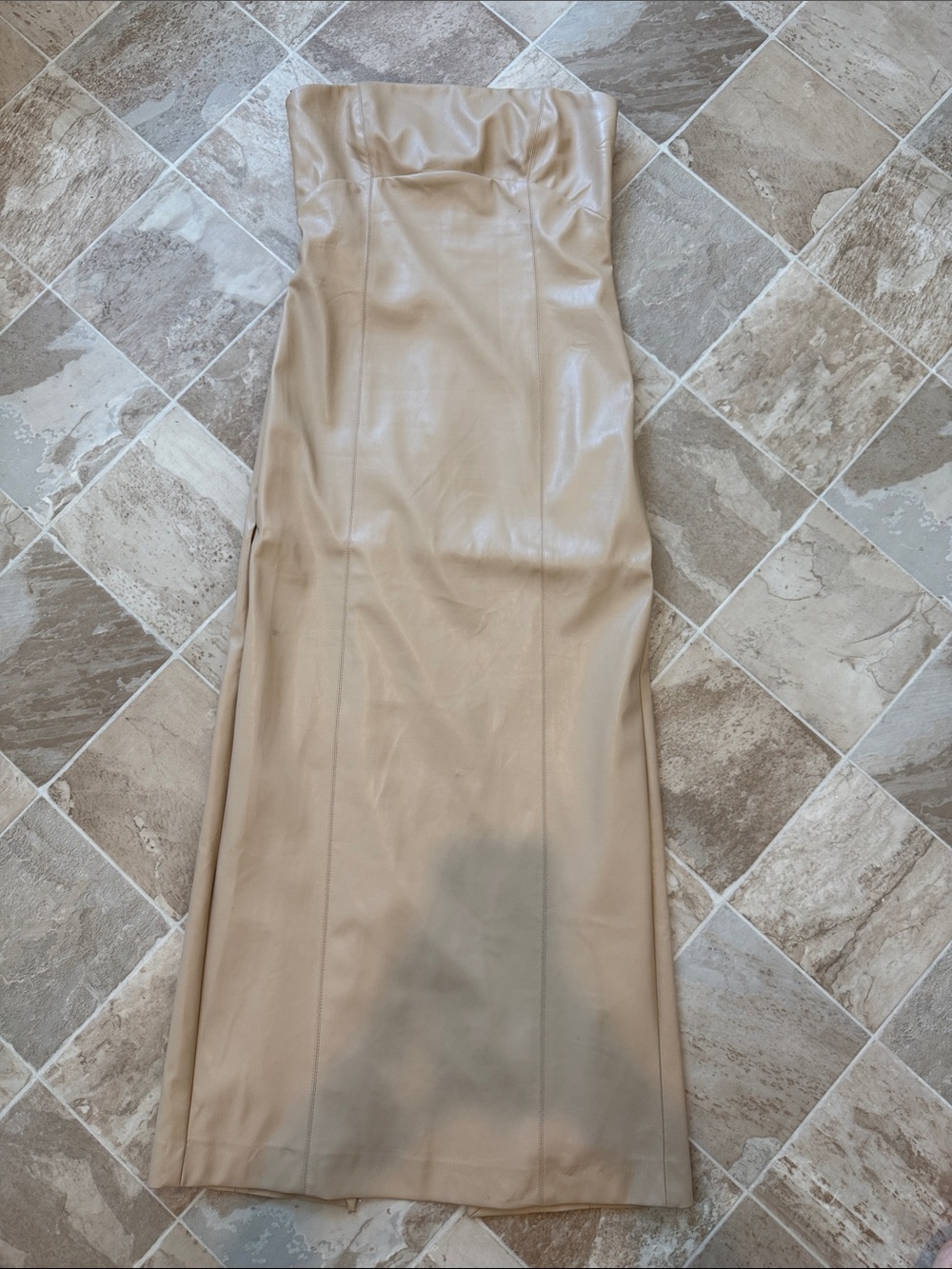 ZARA Strapless Faux Leather Maxi Dress in Beige